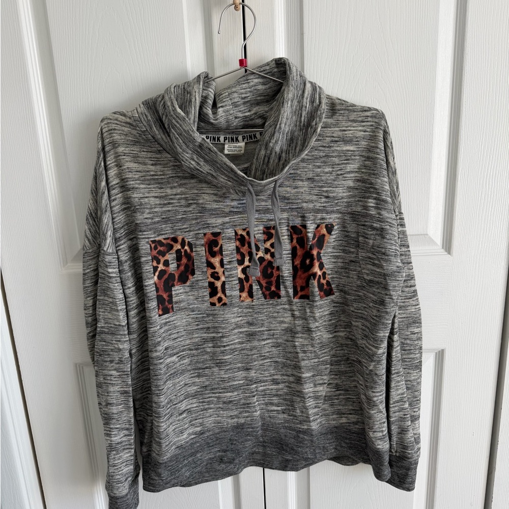 Victoria's Secret PINK Gray Cheetah/Leopard Cowl Neck Pullover Sweatshirt